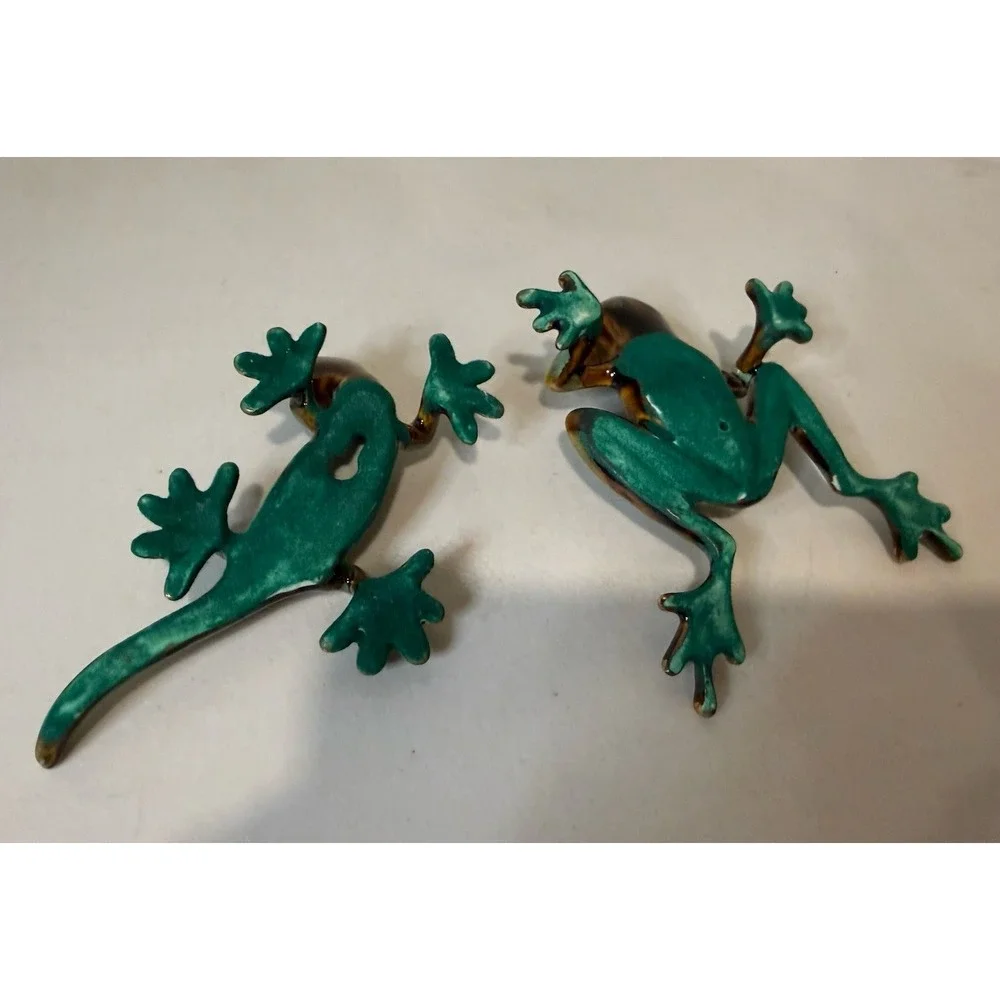 Vintage Lot 2 Collection Tree Frog Gecko Lizard Ceramic Figurine Gold Accents